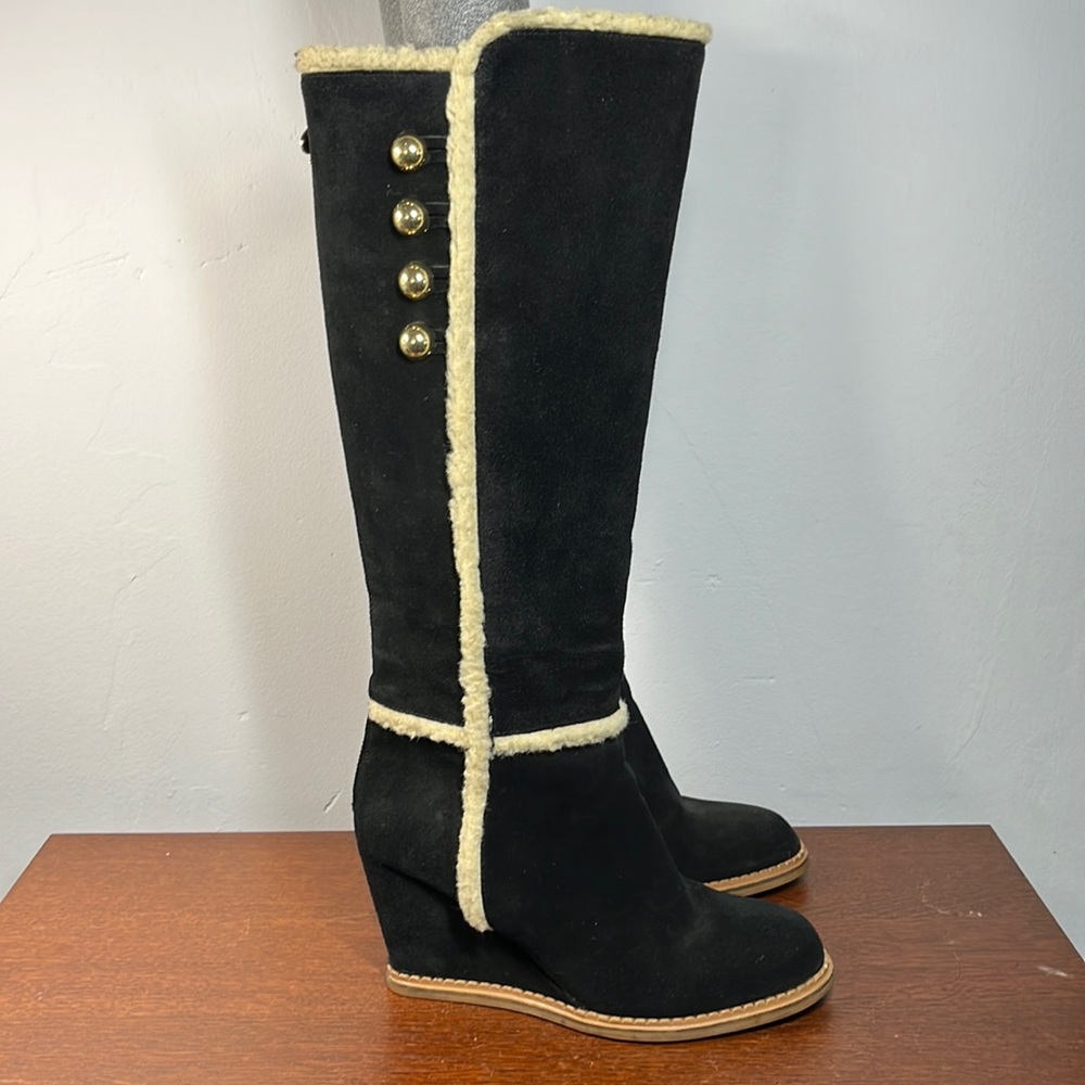 Kate Spade Black Suede Wedge Knee High Boots Shearling Lined Women’s Size 7.5